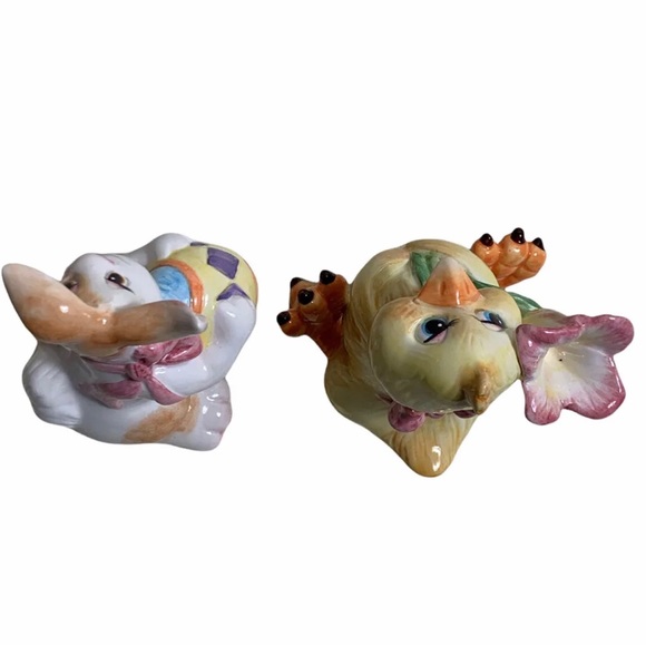 Fitz And Floyd Eggscapades Easter Bunny Chick Salt Pepper Shaker Set Vintage - Picture 5 of 6